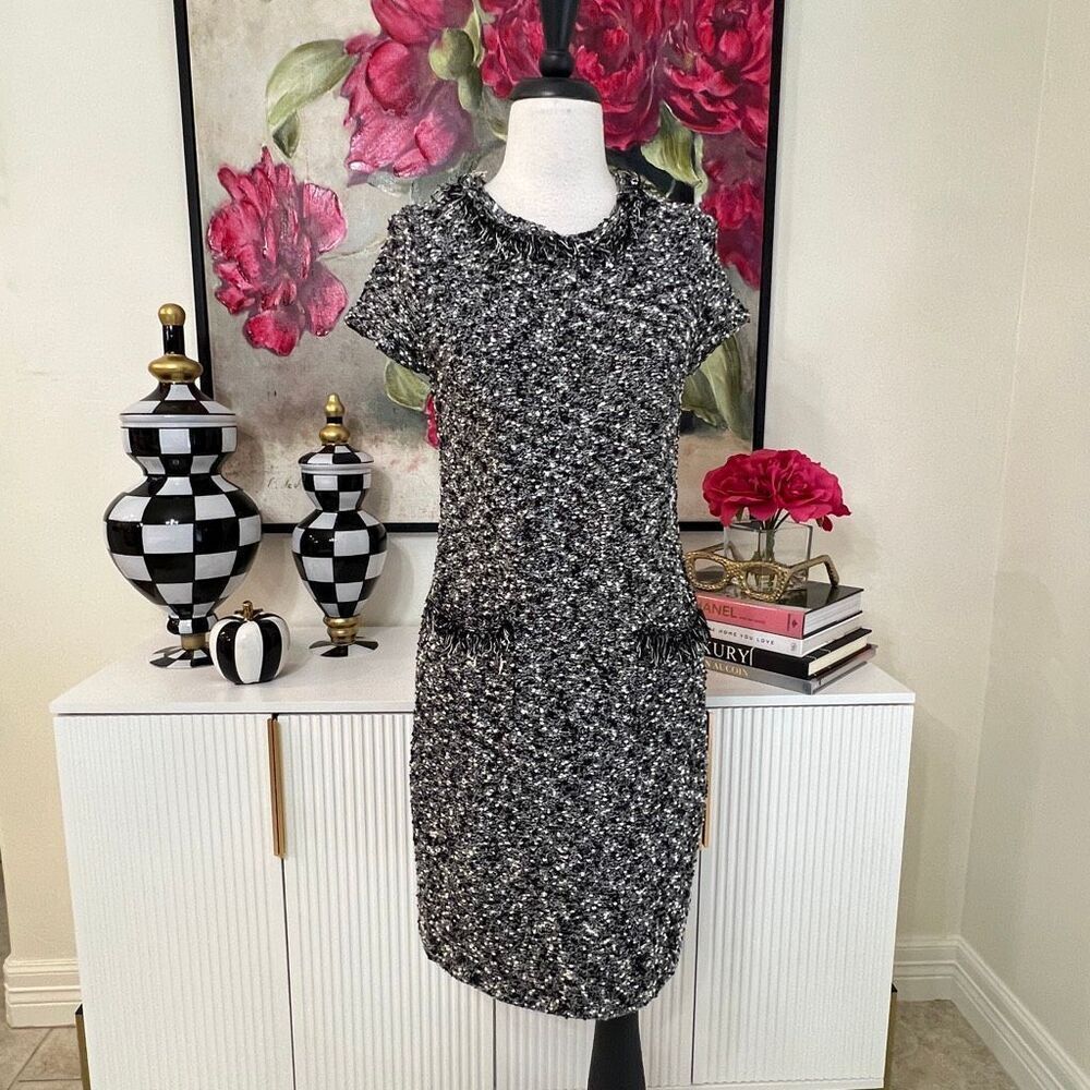 AnnβTaylor Women's Tweed Fringed Short Sleeve Bodycon Mini Dress Black White XS